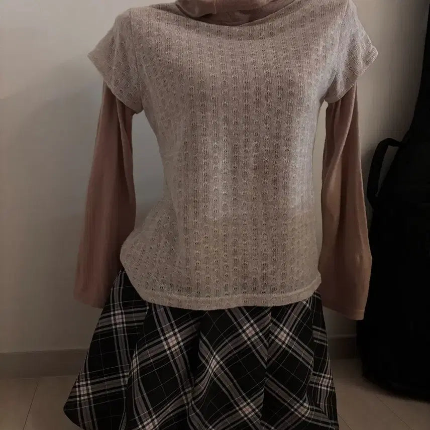 [BUNJANG] Check Skirt Layered Pink Knit Coordi Set / 체크 모리걸 분홍 코디 세트