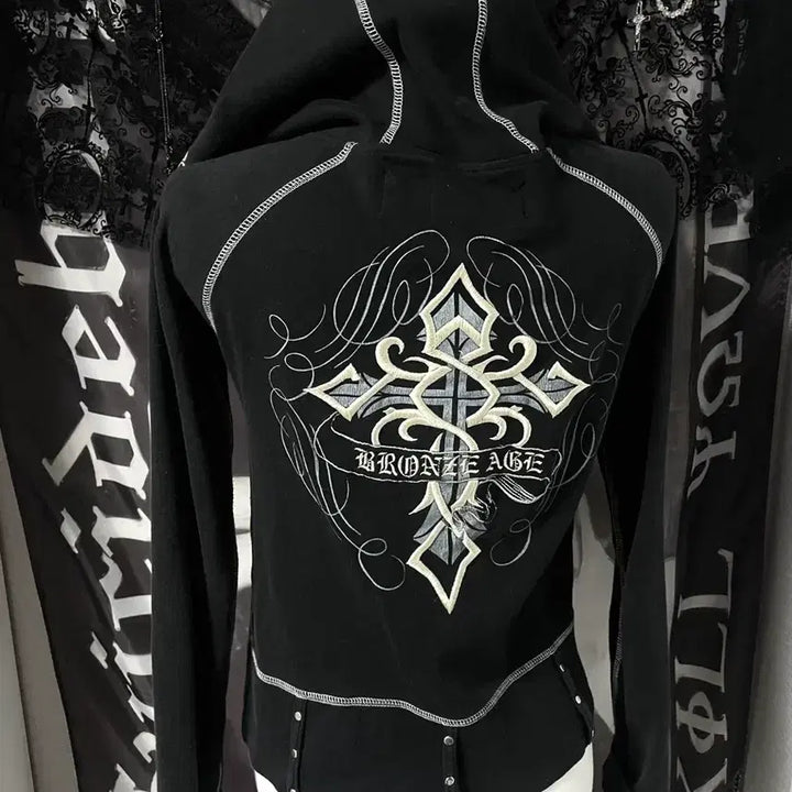 [BUNJANG] Vkei Cross Studded Hoodie / 00s Vkei Cross hoodie 스터드십자가자수후드집업 핀터크롬깔