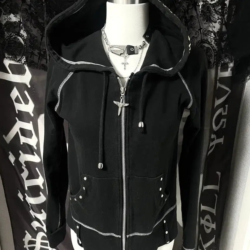[BUNJANG] Vkei Cross Studded Hoodie / 00s Vkei Cross hoodie 스터드십자가자수후드집업 핀터크롬깔