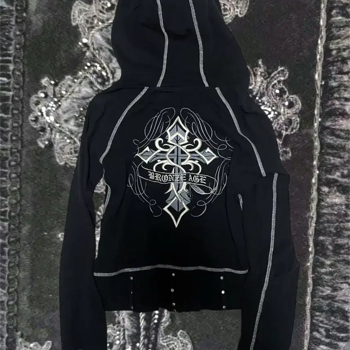 [BUNJANG] Vkei Cross Studded Hoodie / 00s Vkei Cross hoodie 스터드십자가자수후드집업 핀터크롬깔