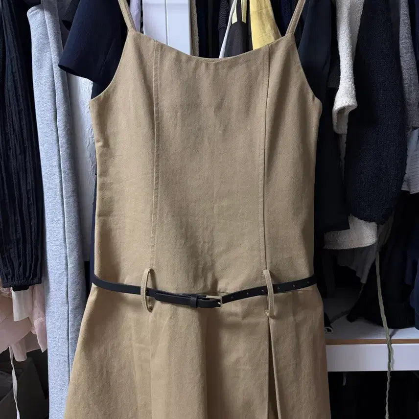[BUNJANG] V-neck Belt Dress Beige / 뷔스티에 벨트 원피스 베이지