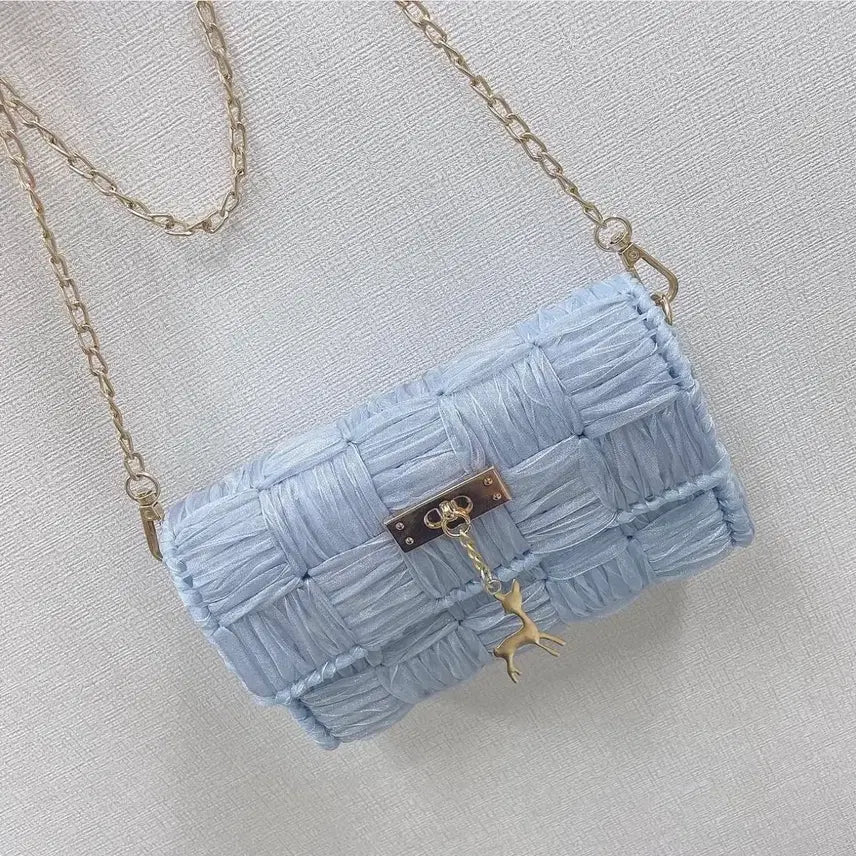 [BUNJANG] Handmade Sky Blue Shirring Chain Shoulder Bag / 핸드메이드 하늘색 셔링 체인 숄더백