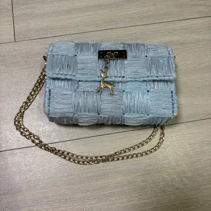 [BUNJANG] Handmade Sky Blue Shirring Chain Shoulder Bag / 핸드메이드 하늘색 셔링 체인 숄더백