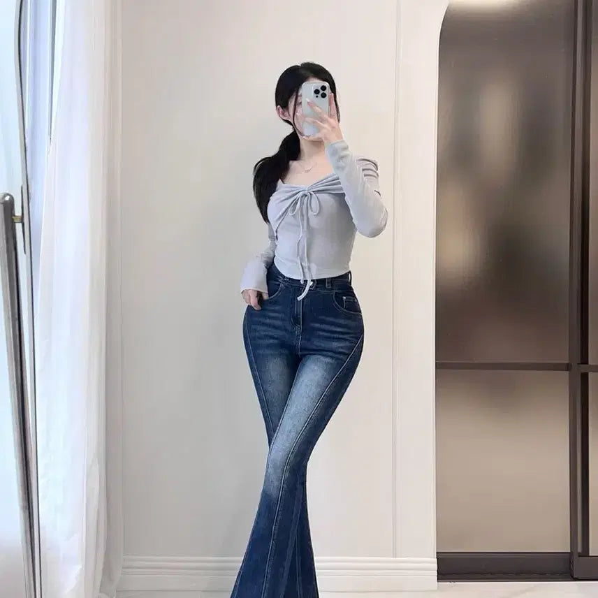 [BUNJANG] Jeannne Hip Pad Slit Washed Bootcut Jeans - Dark Blue (S) / 새상품) 제이앤느 골반패드 절개 워싱 부츠컷 청바지 S사이즈 진청색상