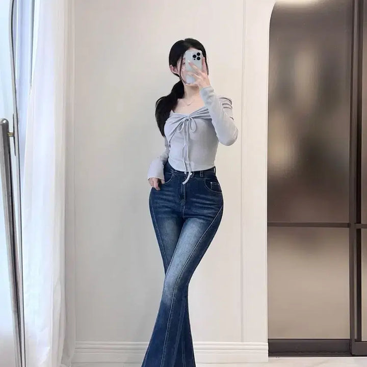 [BUNJANG] Jeannne Hip Pad Slit Washed Bootcut Jeans - Dark Blue (S) / 새상품) 제이앤느 골반패드 절개 워싱 부츠컷 청바지 S사이즈 진청색상