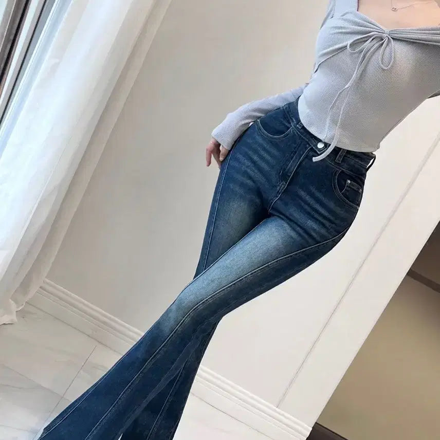 [BUNJANG] Jeannne Hip Pad Slit Washed Bootcut Jeans - Dark Blue (S) / 새상품) 제이앤느 골반패드 절개 워싱 부츠컷 청바지 S사이즈 진청색상