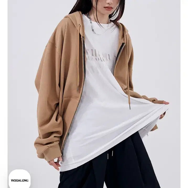 [BUNJANG] Woooalong Signature Hoodie Zip-up Brown Set / [셋업세트판매] 우알롱 시그니처 후드집업 브라운 상하의 세트 후드티
