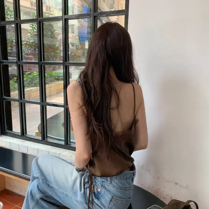 [BUNJANG] Aubezest Silk Lace Cami Top / 오브제스트 실크 레이스 끈 나시 (허리스트링 포함) 데이트룩 실크 나시