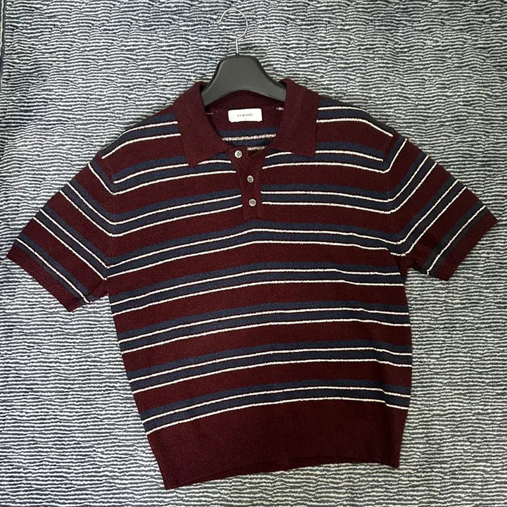 [BUNJANG] LeMade Striped Collar Half Knit Burgundy / 르마드 스트라이프 카라 하프 니트 버건디