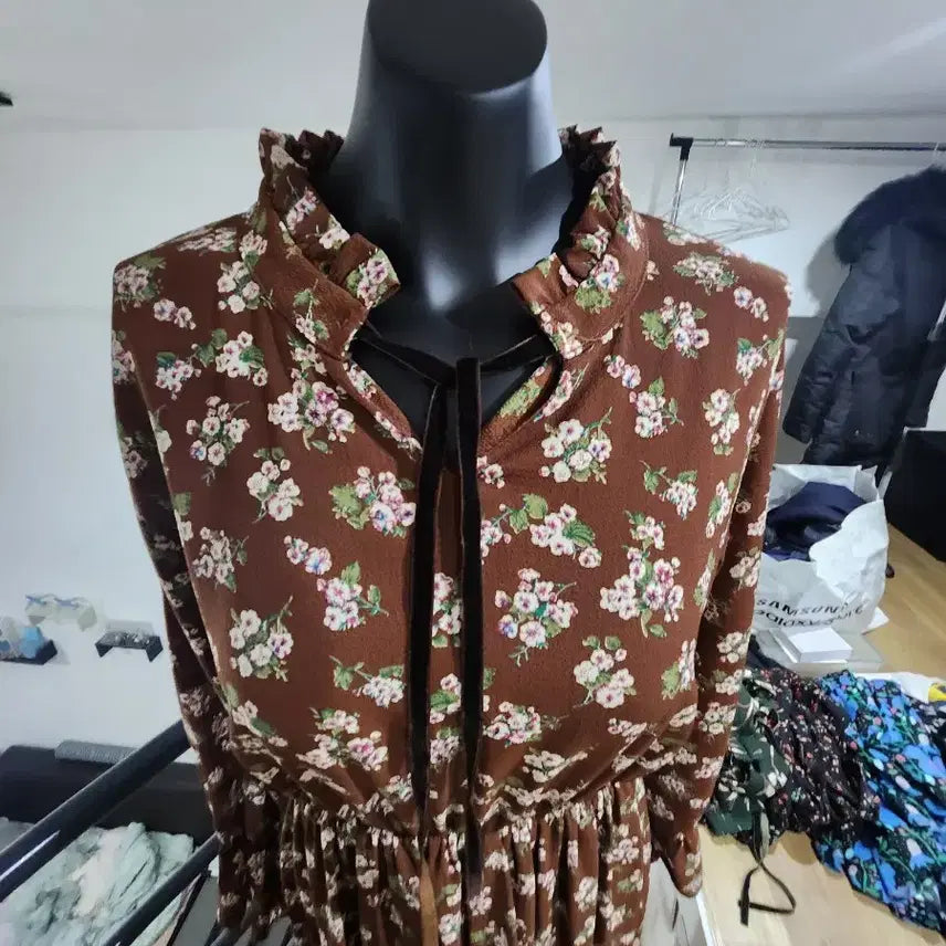 [BUNJANG] Chiffon Floral Long Dress Brown / 시폰 끈 브라운 플라워 롱 원피스 쉬폰
