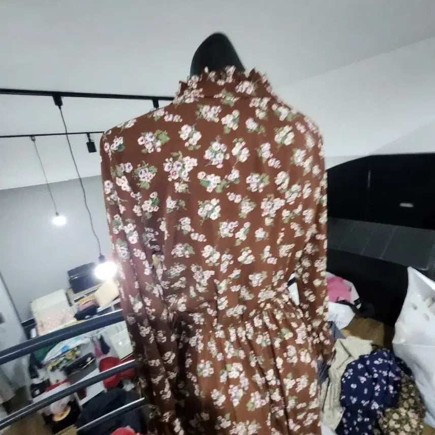 [BUNJANG] Chiffon Floral Long Dress Brown / 시폰 끈 브라운 플라워 롱 원피스 쉬폰