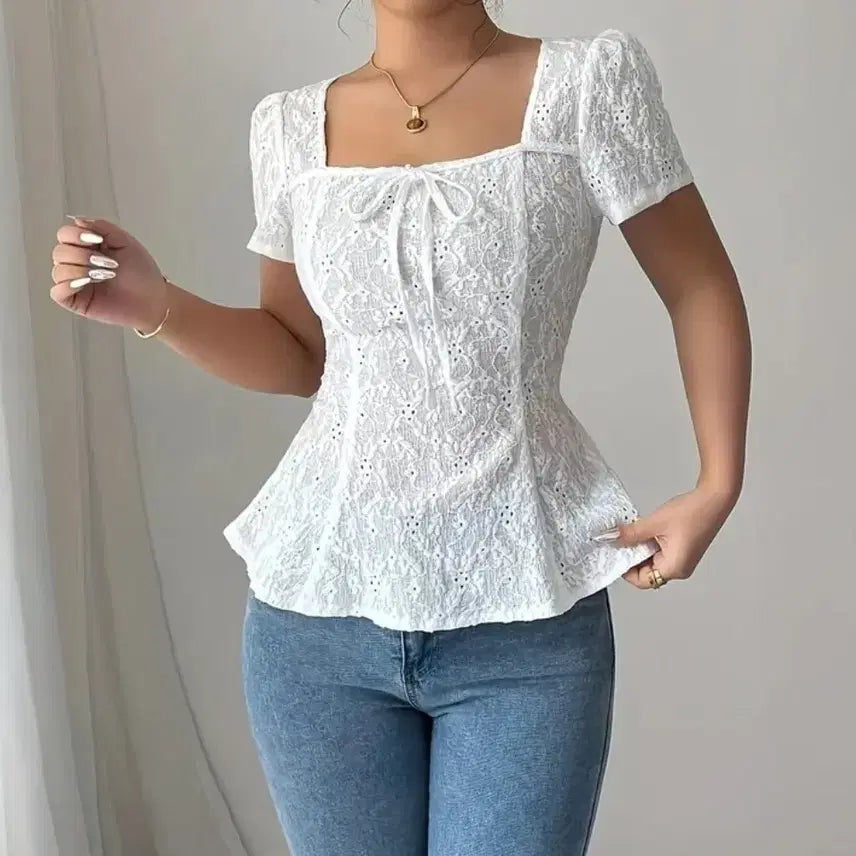 [BUNJANG] White Lace Punching Blouse / 펀칭 레이스 화이트 블라우스