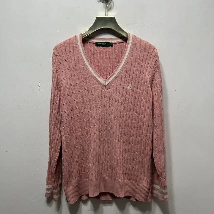 [BUNJANG] Beanpole Pink Cable V-Neck Knit Sweater / 빈폴 핑크 케이블 V넥 니트 100
