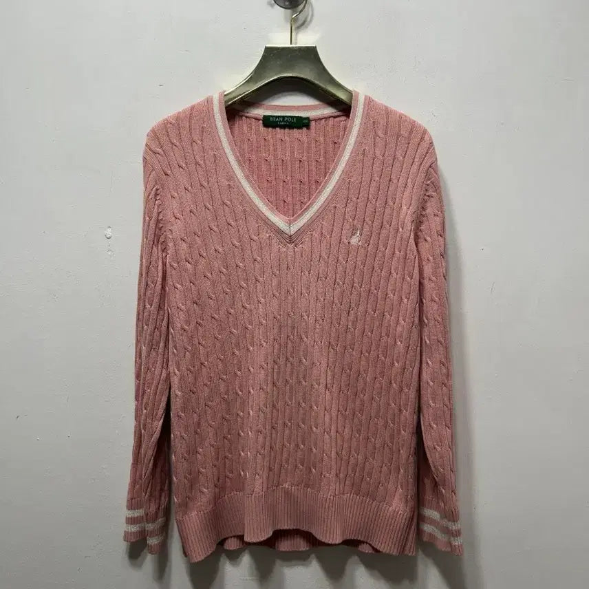 [BUNJANG] Beanpole Pink Cable V-Neck Knit Sweater / 빈폴 핑크 케이블 V넥 니트 100