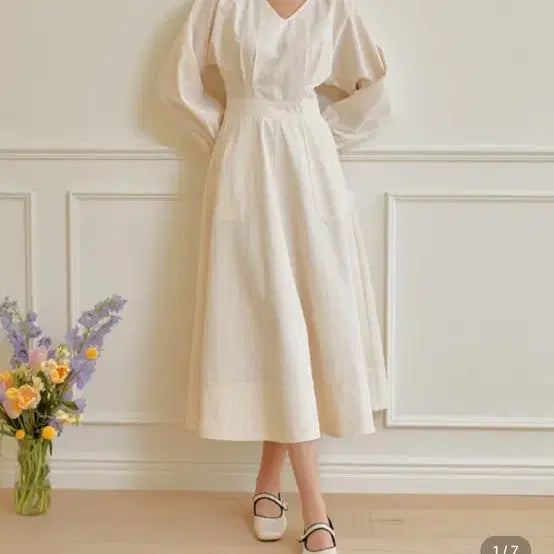 [BUNJANG] Riel Pintuck V-Neck Long Dress Ivory / 리엘 Pintuck v-neck long ops 아이보리