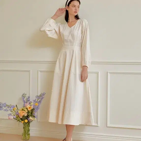 [BUNJANG] Riel Pintuck V-Neck Long Dress Ivory / 리엘 Pintuck v-neck long ops 아이보리