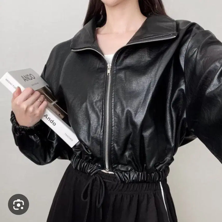 [BUNJANG] Miss Hong Crop Short Faux Leather Jacket / 크롭 숏 레더 가죽 자켓 ( 프리)