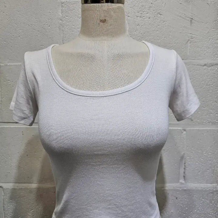 [BUNJANG] Round Neck Cropped Ribbed Short Sleeve T-Shirt - White / 라운드 크롭 골지 반팔- 화이트