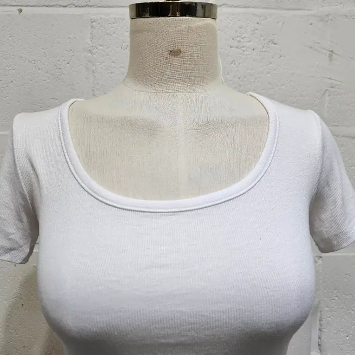 [BUNJANG] Round Neck Cropped Ribbed Short Sleeve T-Shirt - White / 라운드 크롭 골지 반팔- 화이트