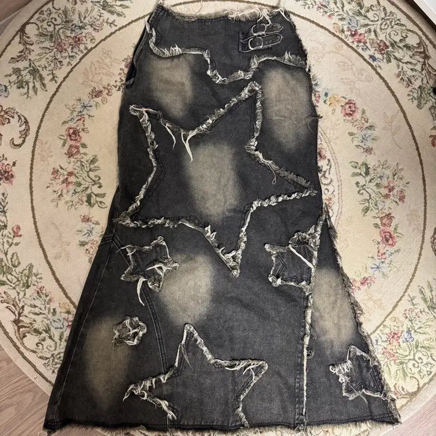 [BUNJANG] Y2K Grunge Star Patch Denim Long Skirt / Y2K 그런지 스타 패치 데님 롱스커트