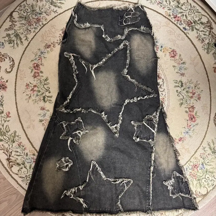 [BUNJANG] Y2K Grunge Star Patch Denim Long Skirt / Y2K 그런지 스타 패치 데님 롱스커트