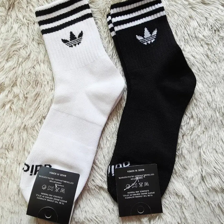 [BUNJANG] Adidas Three-Stripe Socks (White/Black) - 8 Pairs / 아디다스 삼선 양말  기본 바닥 중목 8개 (흰/검)