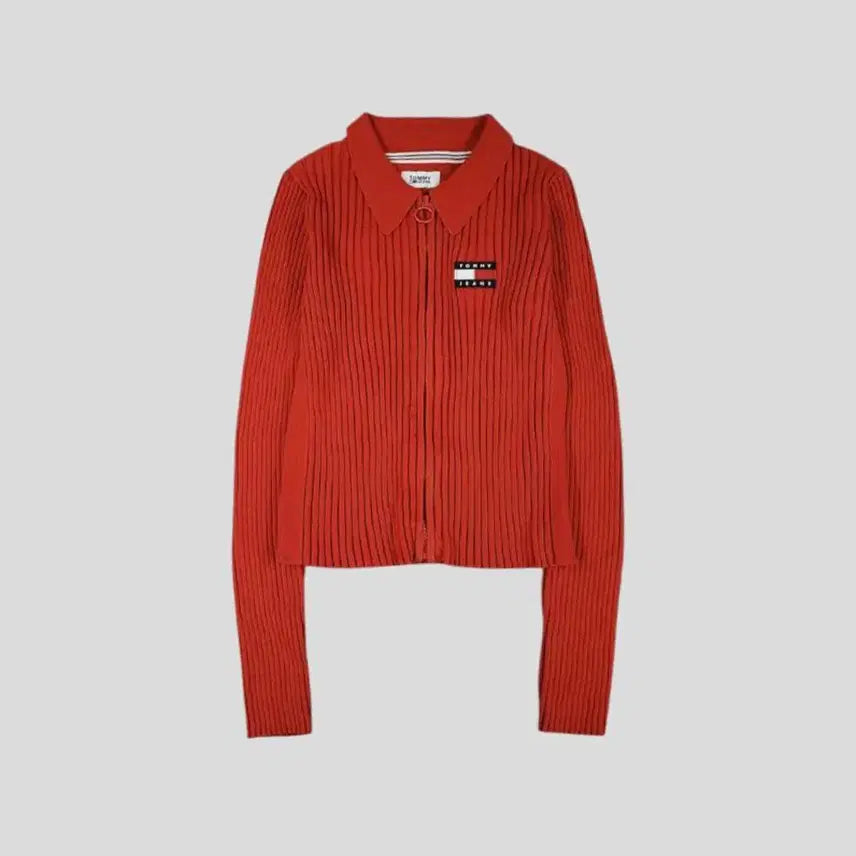 [BUNJANG] Tommy Hilfiger Cotton Blend Knit Cardigan / 타미힐피거 진스 레드 뜨개패턴 크롭핏 카라넥 코튼블렌드 집업 니트 가디건