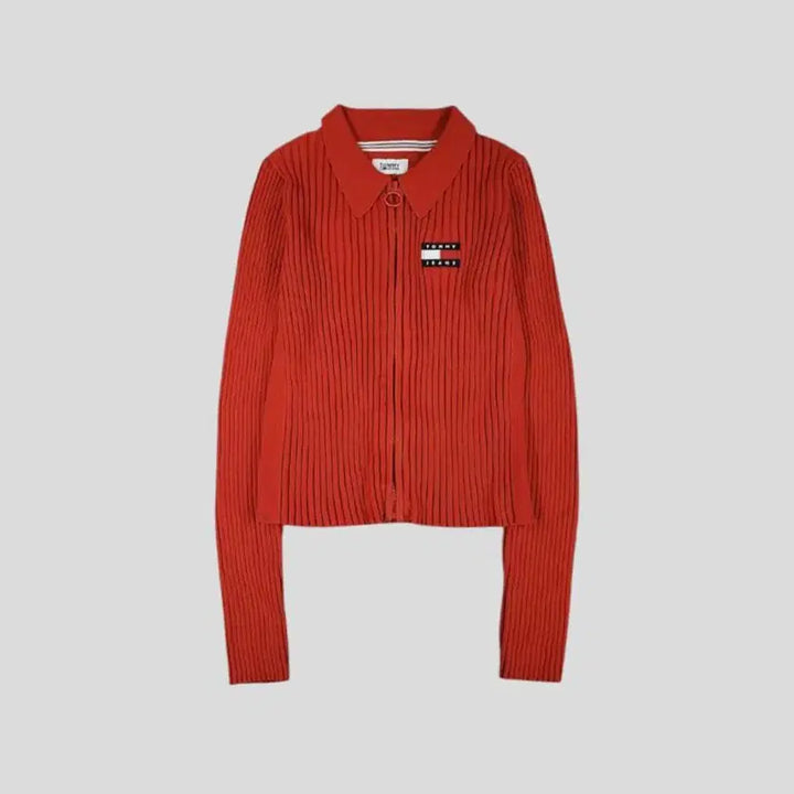 [BUNJANG] Tommy Hilfiger Cotton Blend Knit Cardigan / 타미힐피거 진스 레드 뜨개패턴 크롭핏 카라넥 코튼블렌드 집업 니트 가디건