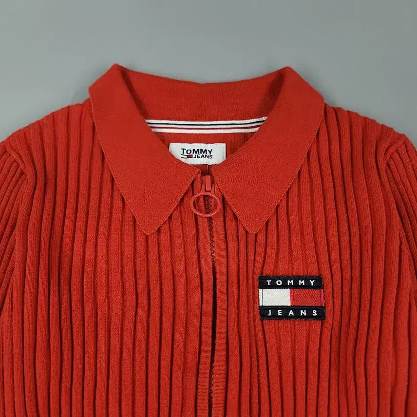 [BUNJANG] Tommy Hilfiger Cotton Blend Knit Cardigan / 타미힐피거 진스 레드 뜨개패턴 크롭핏 카라넥 코튼블렌드 집업 니트 가디건