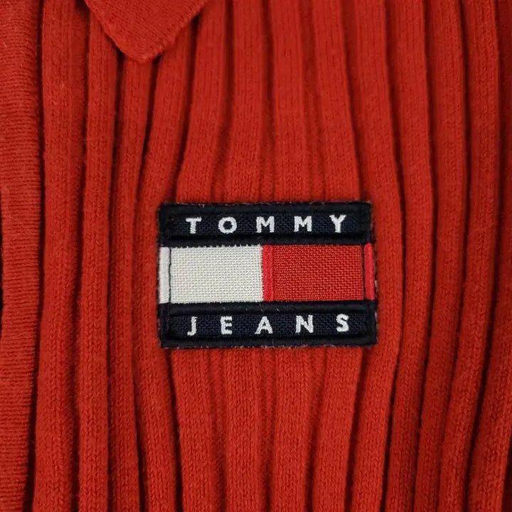 [BUNJANG] Tommy Hilfiger Cotton Blend Knit Cardigan / 타미힐피거 진스 레드 뜨개패턴 크롭핏 카라넥 코튼블렌드 집업 니트 가디건