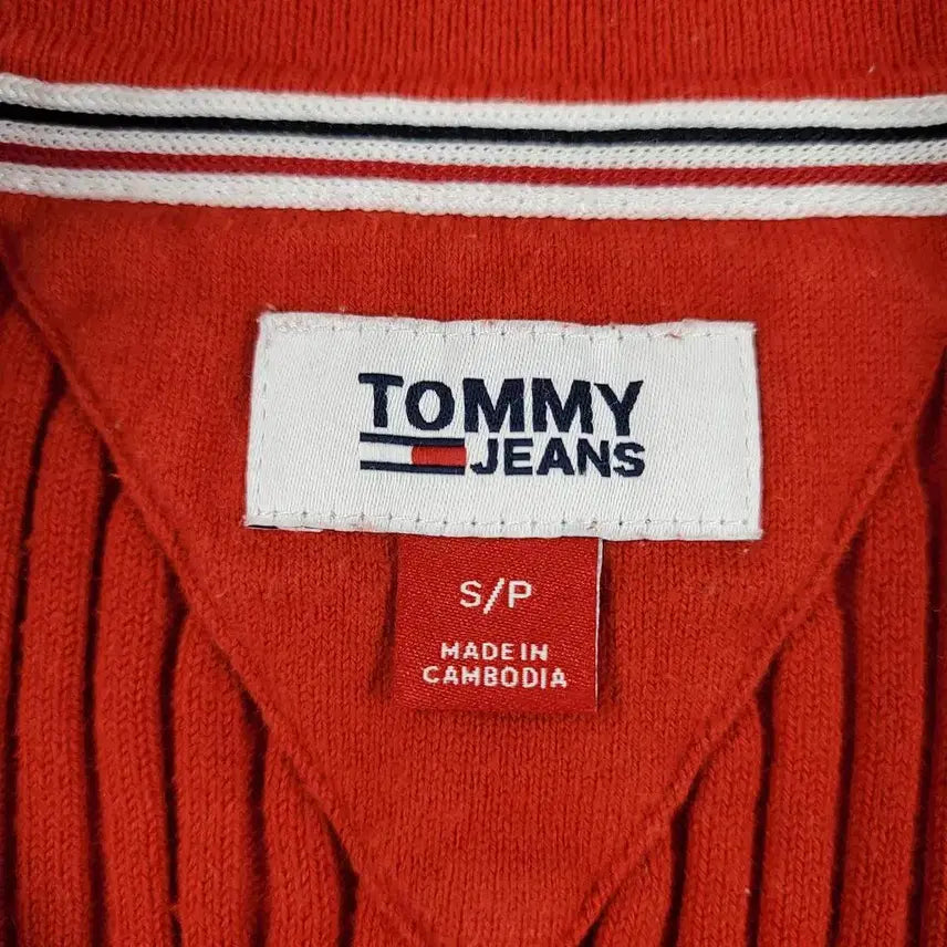 [BUNJANG] Tommy Hilfiger Cotton Blend Knit Cardigan / 타미힐피거 진스 레드 뜨개패턴 크롭핏 카라넥 코튼블렌드 집업 니트 가디건