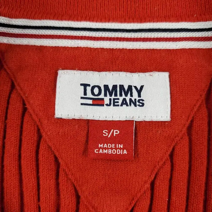 [BUNJANG] Tommy Hilfiger Cotton Blend Knit Cardigan / 타미힐피거 진스 레드 뜨개패턴 크롭핏 카라넥 코튼블렌드 집업 니트 가디건