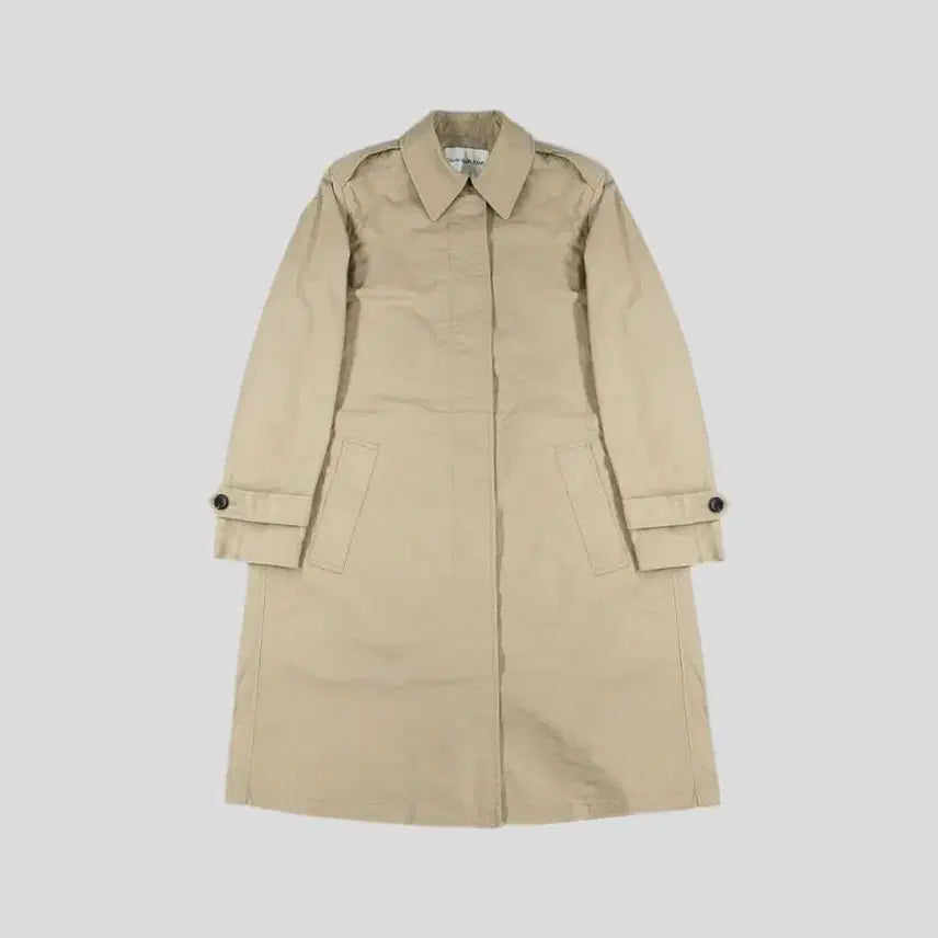 [BUNJANG] Calvin Klein Jeans Beige Hidden Zipper Shoulder Strap Cotton Blend Long Coat / 캘빈클라인 진스 베이지 히든지퍼 네크비조 어깨견장 코튼블렌드 롱 코트 S