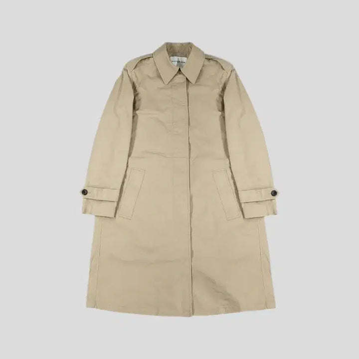 [BUNJANG] Calvin Klein Jeans Beige Hidden Zipper Shoulder Strap Cotton Blend Long Coat / 캘빈클라인 진스 베이지 히든지퍼 네크비조 어깨견장 코튼블렌드 롱 코트 S