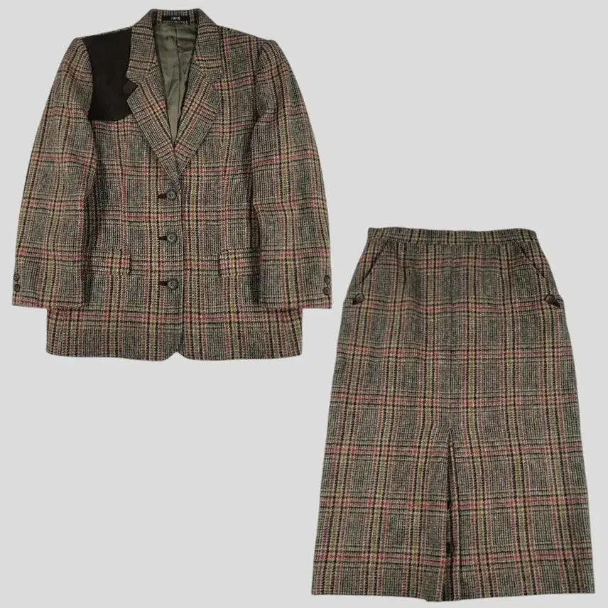 [BUNJANG] DAKS Check Pattern Suede Shoulder Patch Preppy Suit / DAKS 닥스 JP 브라운톤 체크패턴 스웨이드 숄더패치 쓰리버튼 프레피