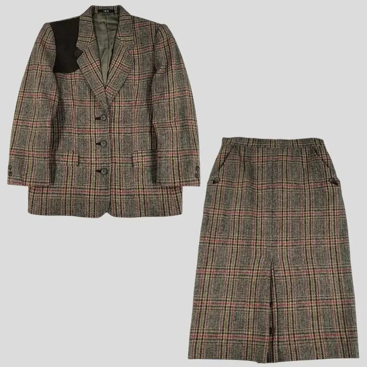 [BUNJANG] DAKS Check Pattern Suede Shoulder Patch Preppy Suit / DAKS 닥스 JP 브라운톤 체크패턴 스웨이드 숄더패치 쓰리버튼 프레피