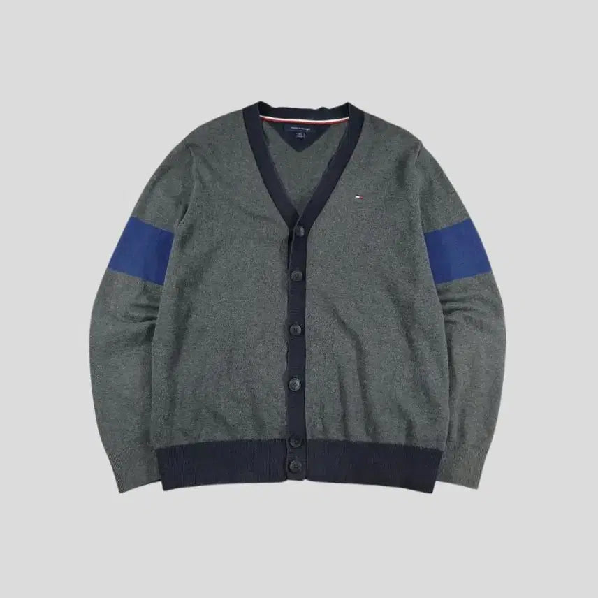 [BUNJANG] Tommy Hilfiger Deep Gray Navy Blue V-Neck Cotton Button Knit Cardigan / 타미힐피거 딥그레이 네이비 블루 배색 브이넥 코튼 버튼 니트 가디건 L