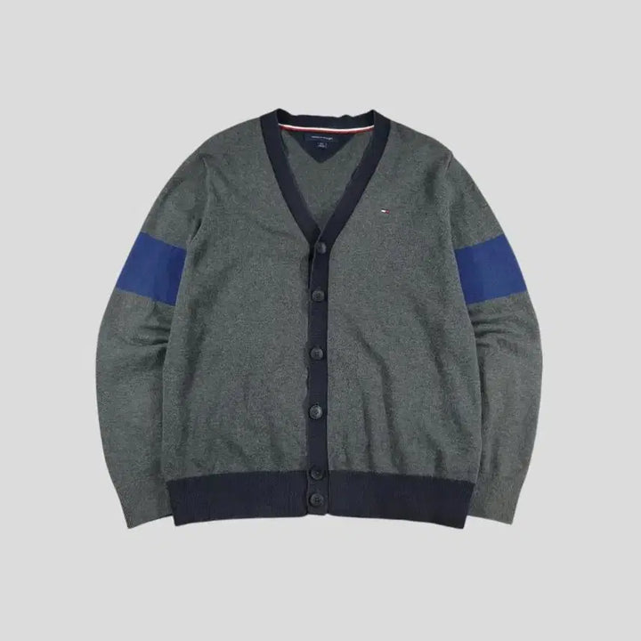 [BUNJANG] Tommy Hilfiger Deep Gray Navy Blue V-Neck Cotton Button Knit Cardigan / 타미힐피거 딥그레이 네이비 블루 배색 브이넥 코튼 버튼 니트 가디건 L