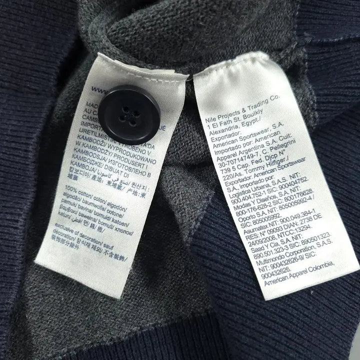 [BUNJANG] Tommy Hilfiger Deep Gray Navy Blue V-Neck Cotton Button Knit Cardigan / 타미힐피거 딥그레이 네이비 블루 배색 브이넥 코튼 버튼 니트 가디건 L