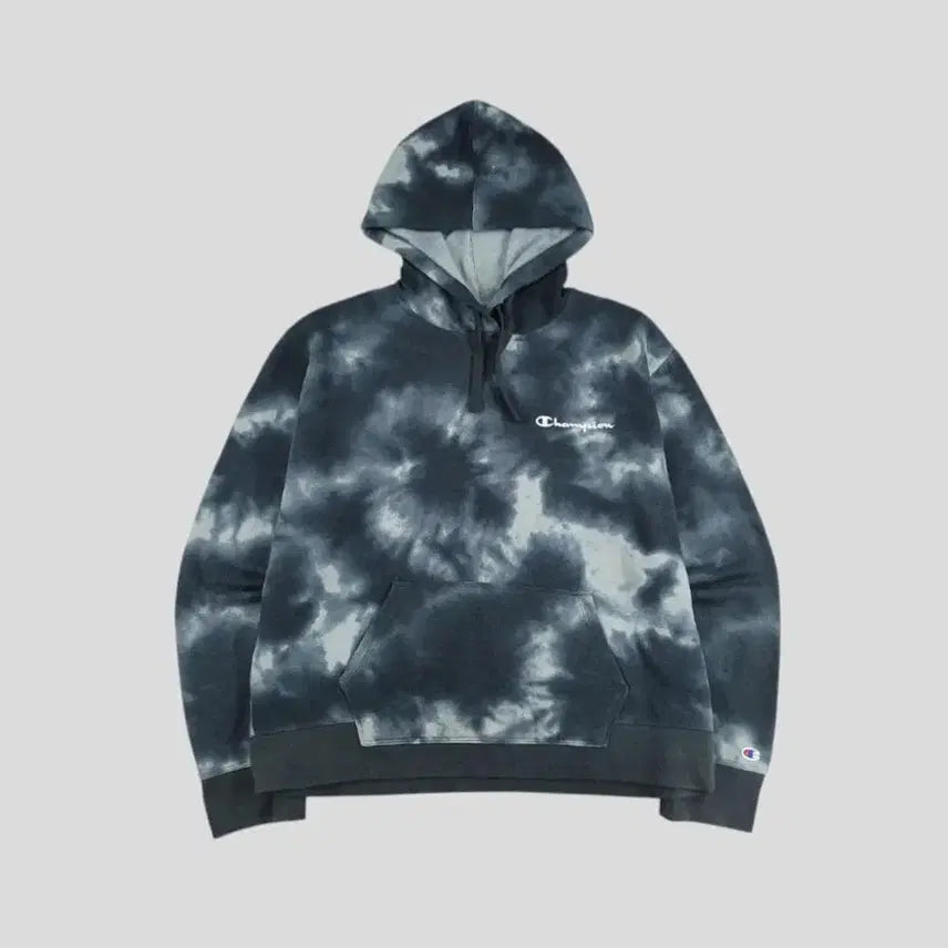 [BUNJANG] Champion Tie-dye Logo Hoodie / 챔피온 블랙 화이트 그레이 배색 타이다이 톤톤 로고 기모 코튼블렌드 후드