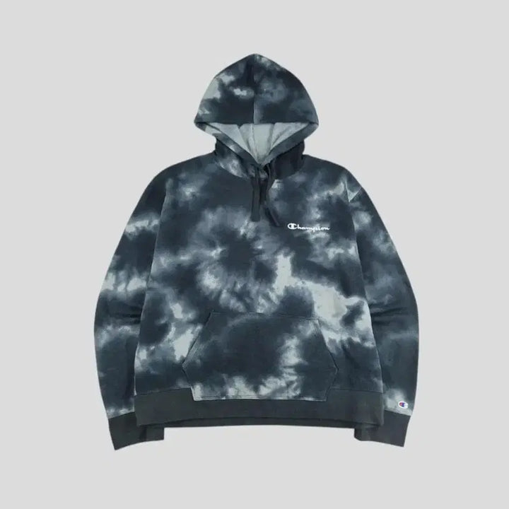 [BUNJANG] Champion Tie-dye Logo Hoodie / 챔피온 블랙 화이트 그레이 배색 타이다이 톤톤 로고 기모 코튼블렌드 후드