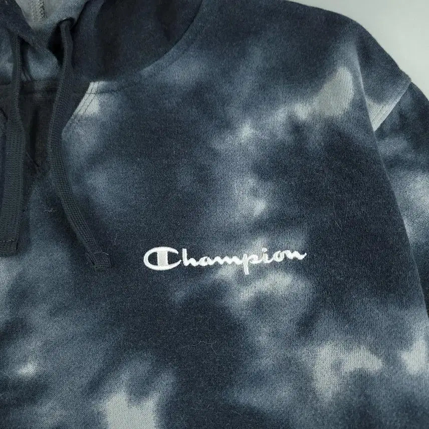[BUNJANG] Champion Tie-dye Logo Hoodie / 챔피온 블랙 화이트 그레이 배색 타이다이 톤톤 로고 기모 코튼블렌드 후드