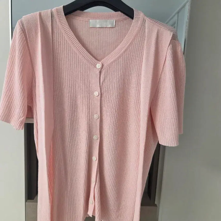 [BUNJANG] OZOC Pink Ribbed Short-Sleeve Cardigan / OZOC핑크 골지 반팔 가디건