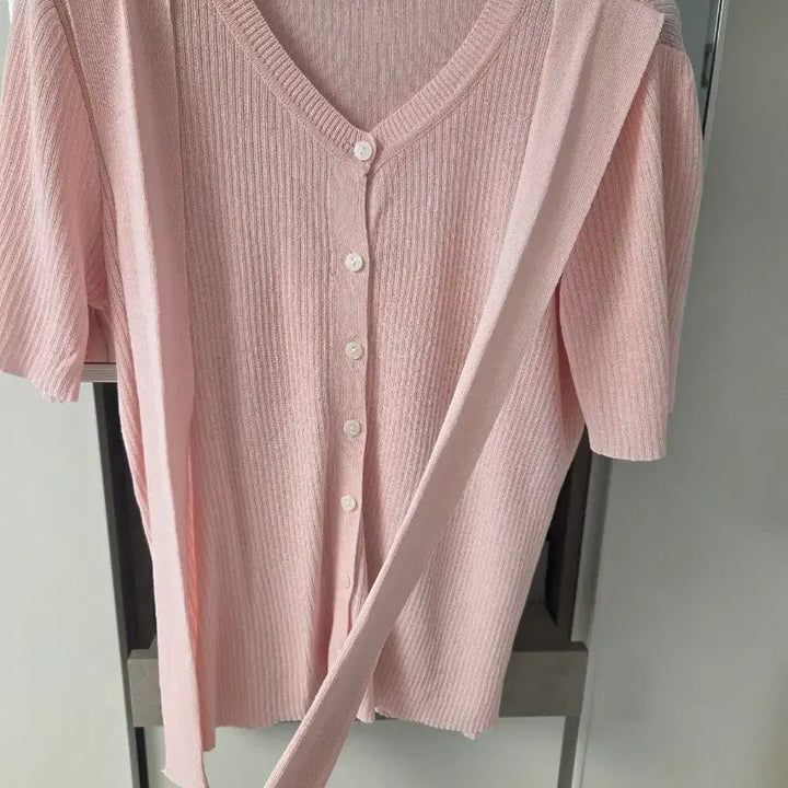 [BUNJANG] OZOC Pink Ribbed Short-Sleeve Cardigan / OZOC핑크 골지 반팔 가디건
