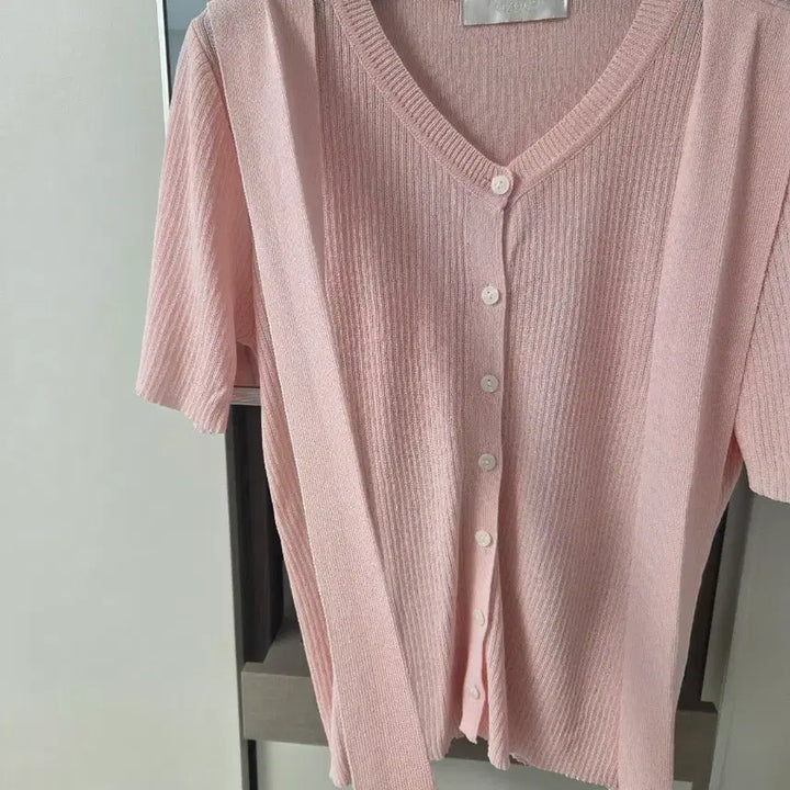 [BUNJANG] OZOC Pink Ribbed Short-Sleeve Cardigan / OZOC핑크 골지 반팔 가디건