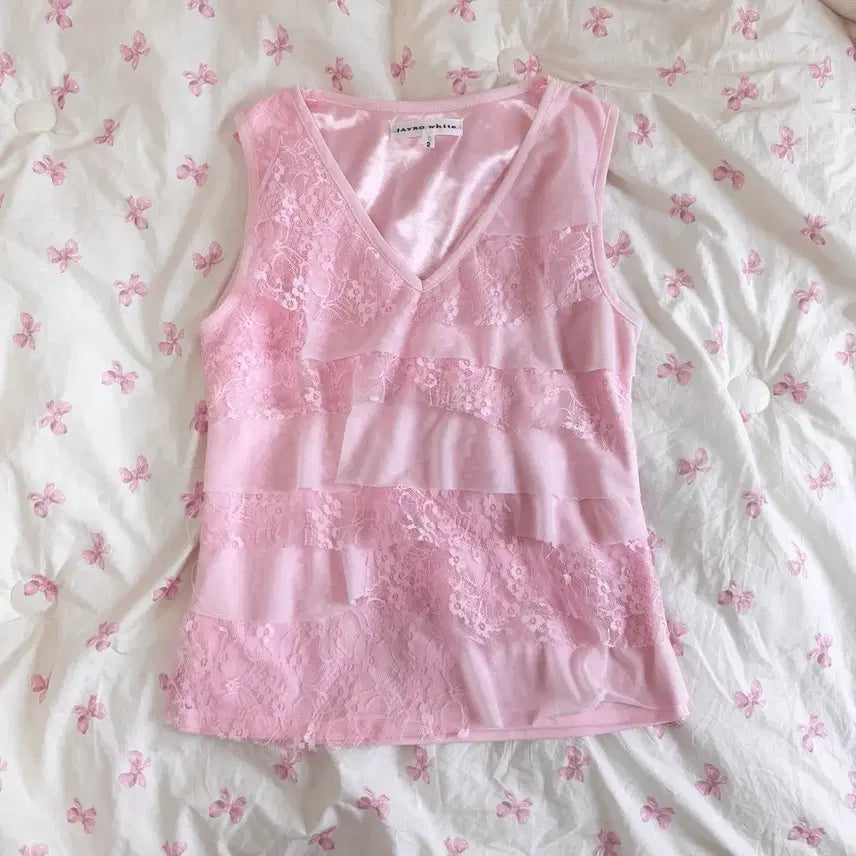 [BUNJANG] Pink Lace Chiffon Sleeveless Top / 핑크 레이스 쉬폰 민소매 나시 일브 히메 갸루 로걀 양산형 y2k 빈티지