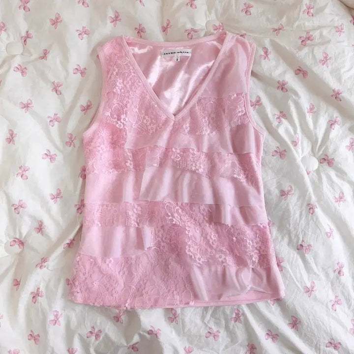 [BUNJANG] Pink Lace Chiffon Sleeveless Top / 핑크 레이스 쉬폰 민소매 나시 일브 히메 갸루 로걀 양산형 y2k 빈티지