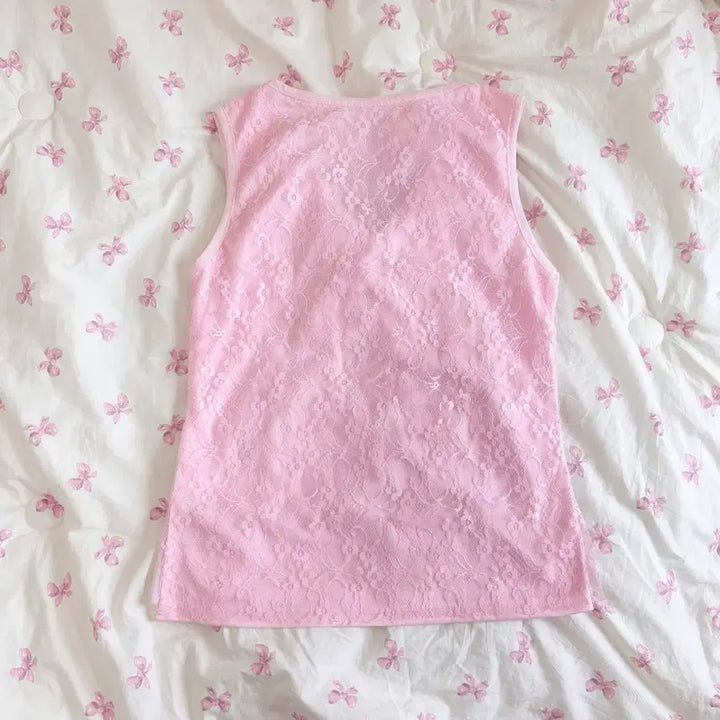 [BUNJANG] Pink Lace Chiffon Sleeveless Top / 핑크 레이스 쉬폰 민소매 나시 일브 히메 갸루 로걀 양산형 y2k 빈티지