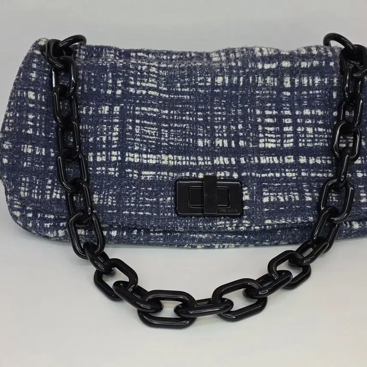 [BUNJANG] Prada Bicolor Tweed Chain Shoulder Bag Navy / 프라다 바이컬러 트위드 체인 숄더백 네이비