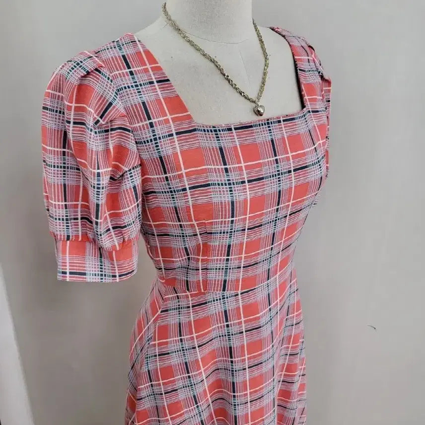[BUNJANG] A-Line Square Neck Checkered Summer Long Dress / 스퀘어넥 플레어 A라인 여름 반팔 체크 롱원피스ㅡ무배
